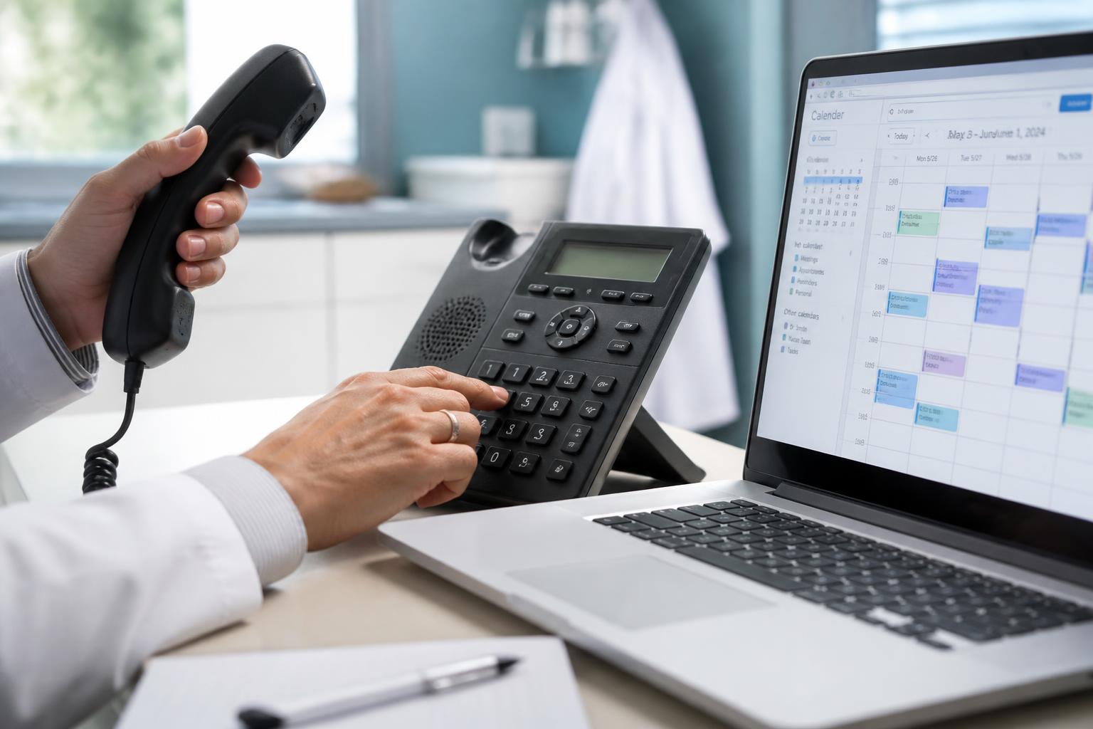 Hand am Telefonhörer neben Laptop mit geöffnetem Kalender.