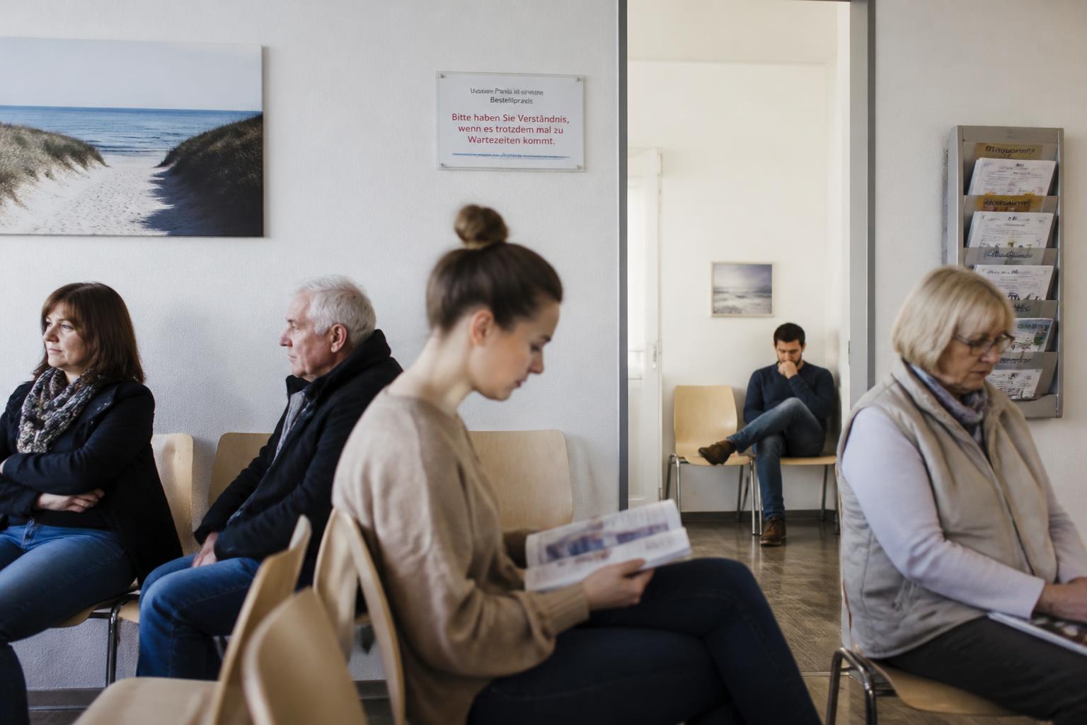 Patientinnen und Patienten warten im Wartezimmer einer deutschen Arztpraxis.